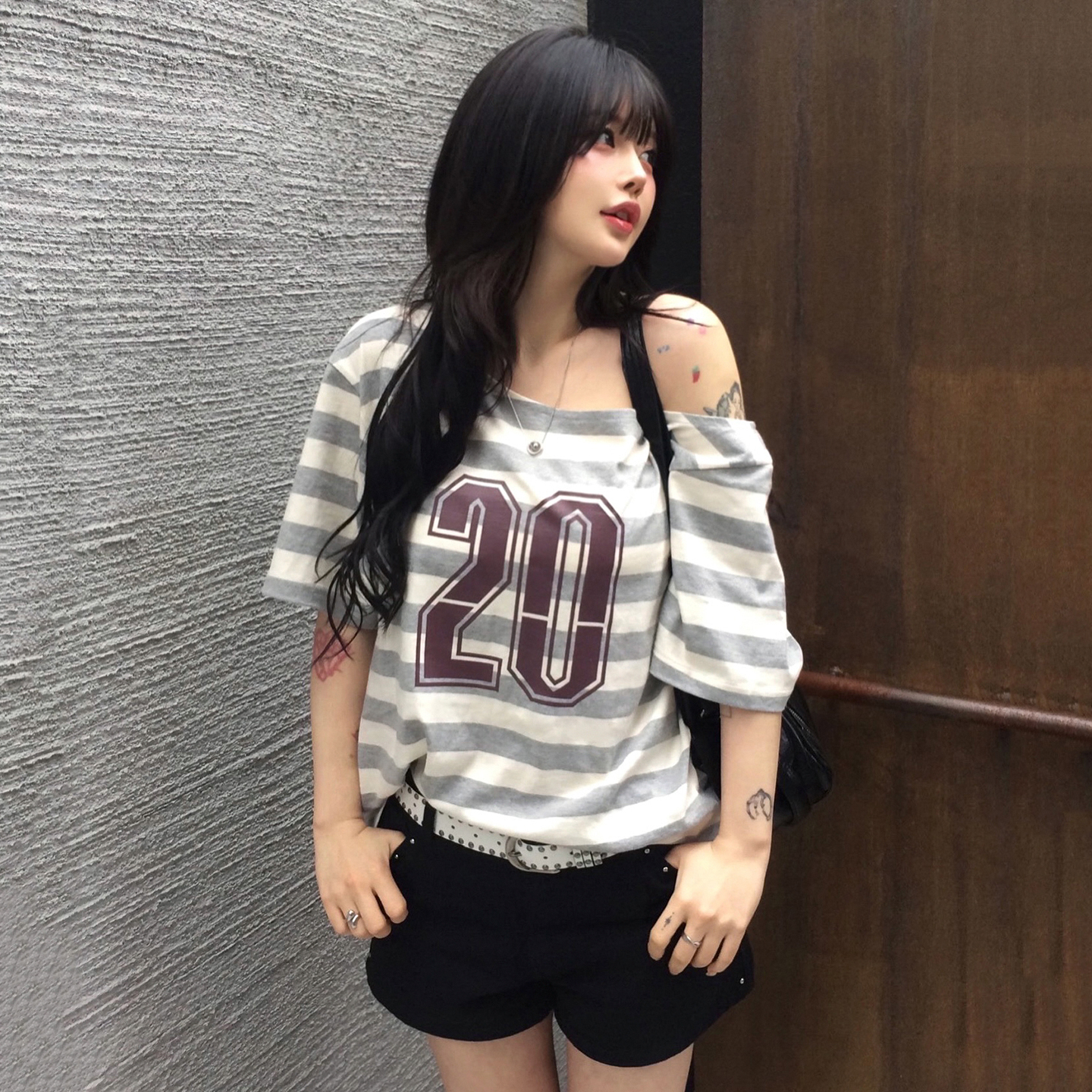 Asymmetrical Shoulder T-Shirt - Color Block Striped Loose Short Sleeve Top - Street Sports Leisure Digital Print Style