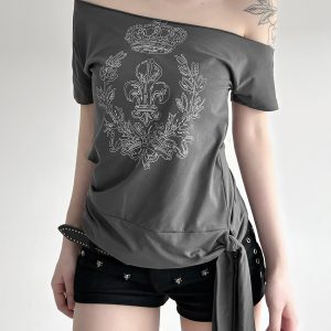 Asymmetrical Shoulder T-Shirt for Women - Unique Print Tie-Up Casual Top, Street Cool Girl Style, Versatile Y2K Fashion