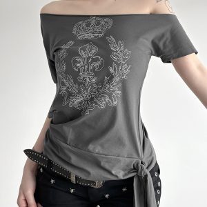 Asymmetrical Shoulder T-Shirt for Women - Unique Print Tie-Up Casual Top, Street Cool Girl Style, Versatile Y2K Fashion