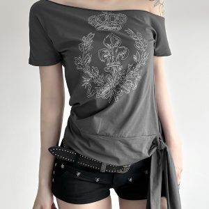 Asymmetrical Shoulder T-Shirt for Women - Unique Print Tie-Up Casual Top, Street Cool Girl Style, Versatile Y2K Fashion