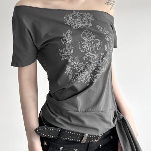 Asymmetrical Shoulder T-Shirt for Women - Unique Print Tie-Up Casual Top, Street Cool Girl Style, Versatile Y2K Fashion