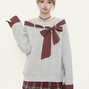Asymmetrical Shoulder Tie Bow Sweatshirt - Spliced Plaid Casual Loose Slimming Top for Women - Y2K Fashion