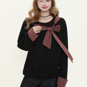 Asymmetrical Shoulder Tie Bow Sweatshirt - Spliced Plaid Casual Loose Slimming Top for Women - Y2K Fashion