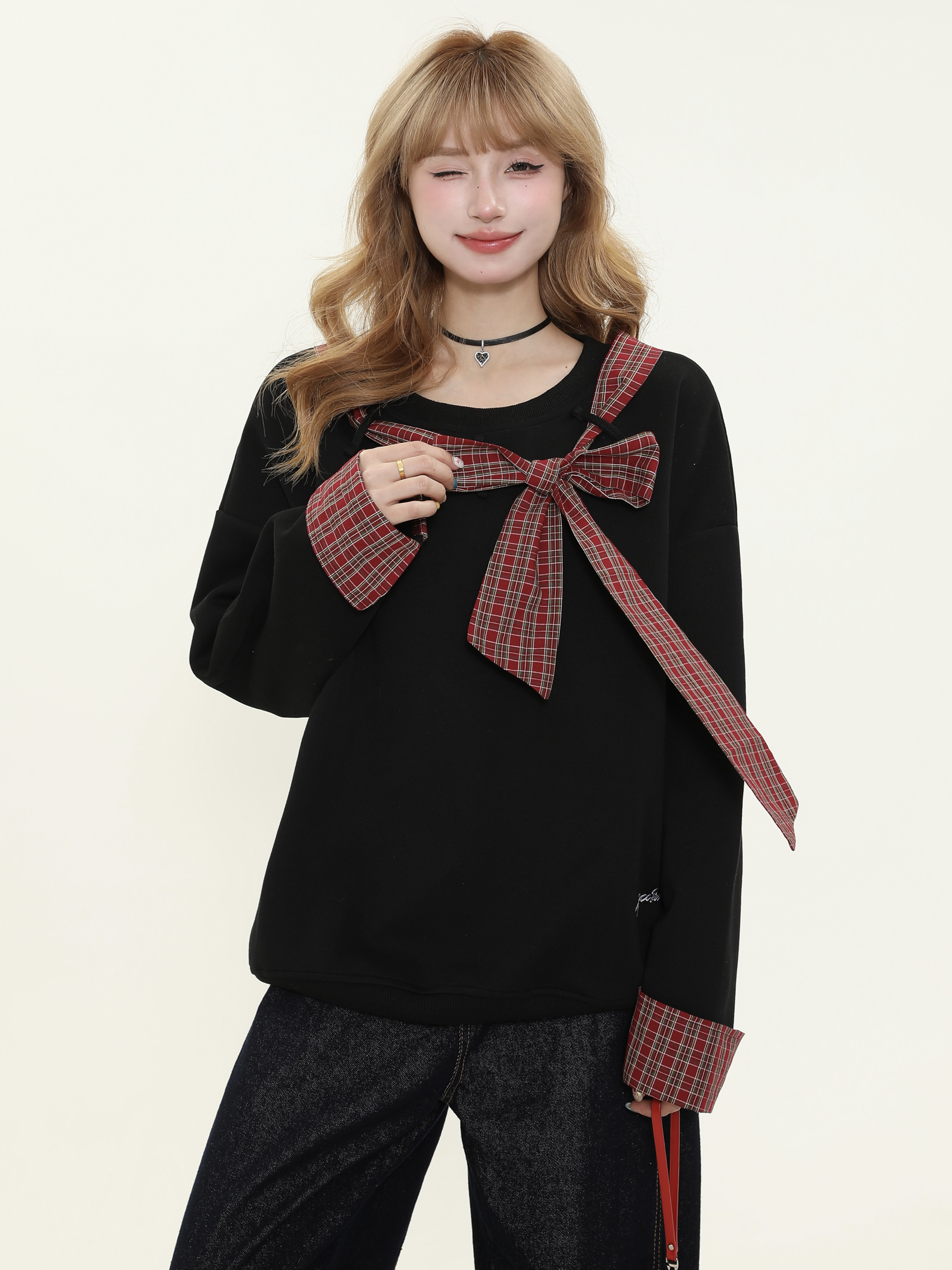 Asymmetrical Shoulder Tie Bow Sweatshirt - Spliced Plaid Casual Loose Slimming Top for Women - Y2K Fashion