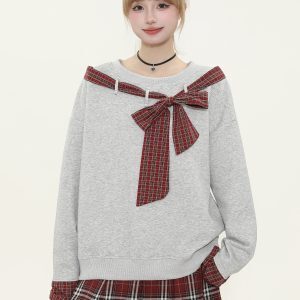 Asymmetrical Shoulder Tie Bow Sweatshirt - Spliced Plaid Casual Loose Slimming Top for Women - Y2K Fashion