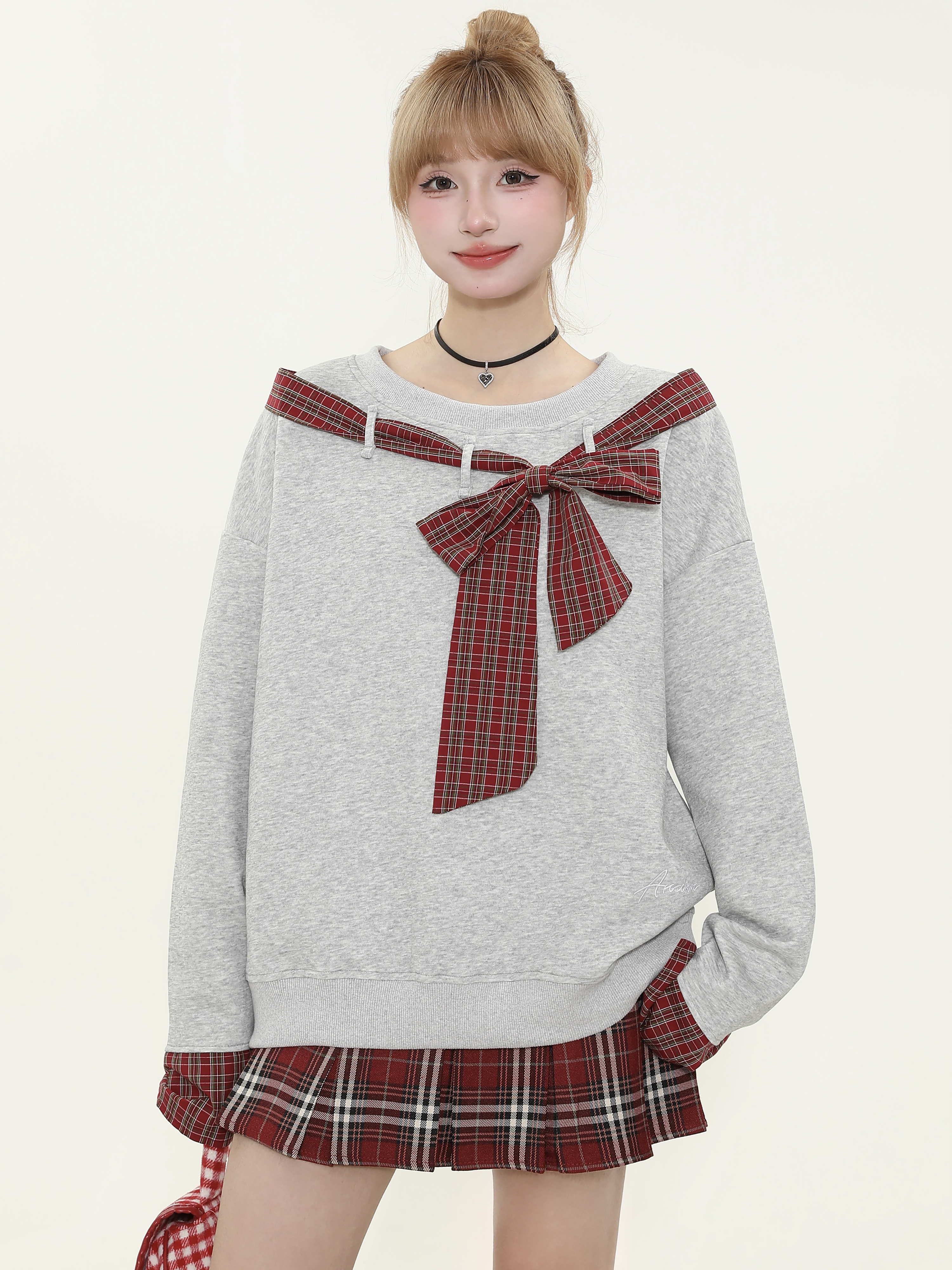 Asymmetrical Shoulder Tie Bow Sweatshirt - Spliced Plaid Casual Loose Slimming Top for Women - Y2K Fashion