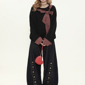 Asymmetrical Shoulder Tie Bow Sweatshirt - Spliced Plaid Casual Loose Slimming Top for Women - Y2K Fashion