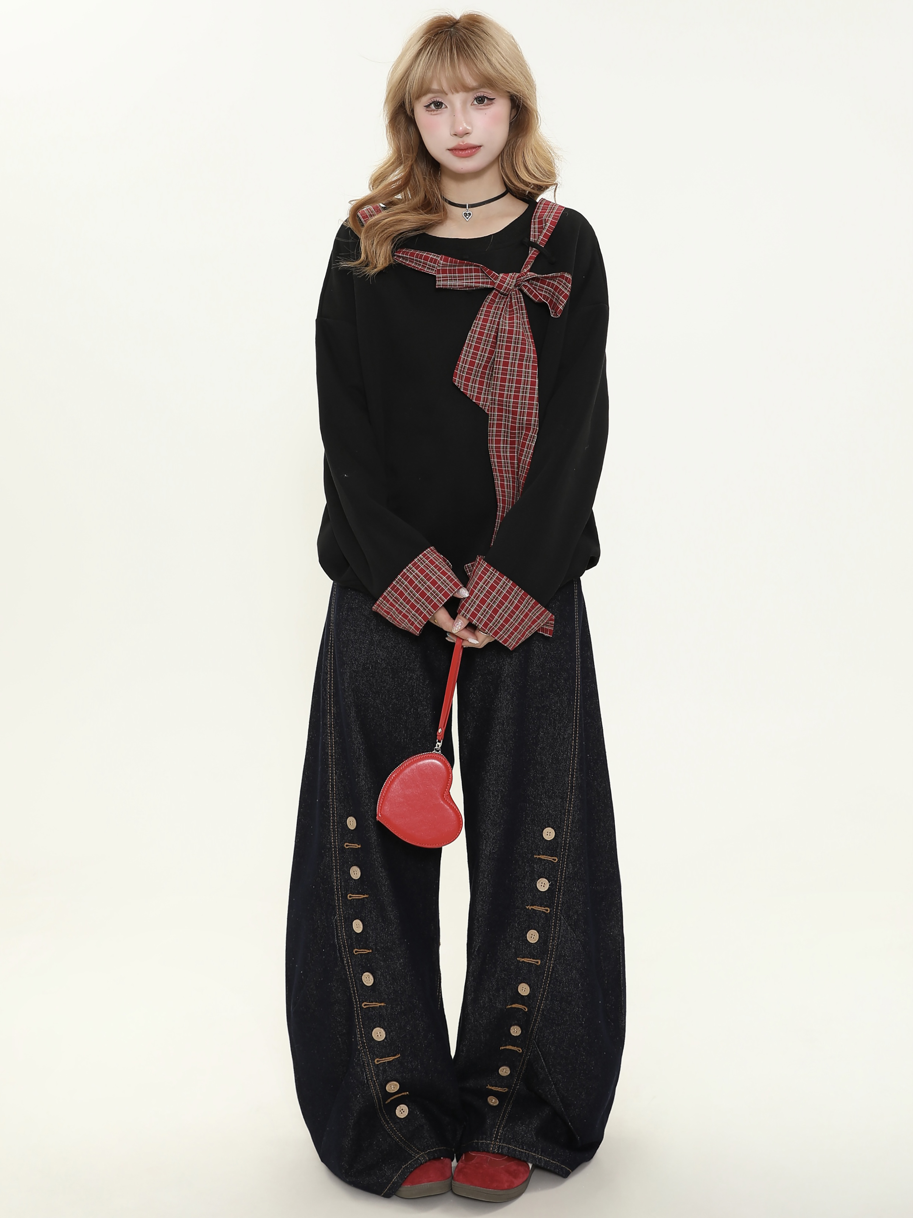 Asymmetrical Shoulder Tie Bow Sweatshirt - Spliced Plaid Casual Loose Slimming Top for Women - Y2K Fashion