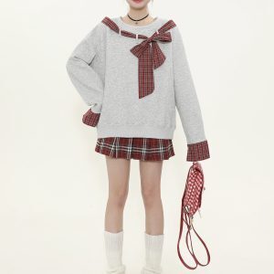 Asymmetrical Shoulder Tie Bow Sweatshirt - Spliced Plaid Casual Loose Slimming Top for Women - Y2K Fashion
