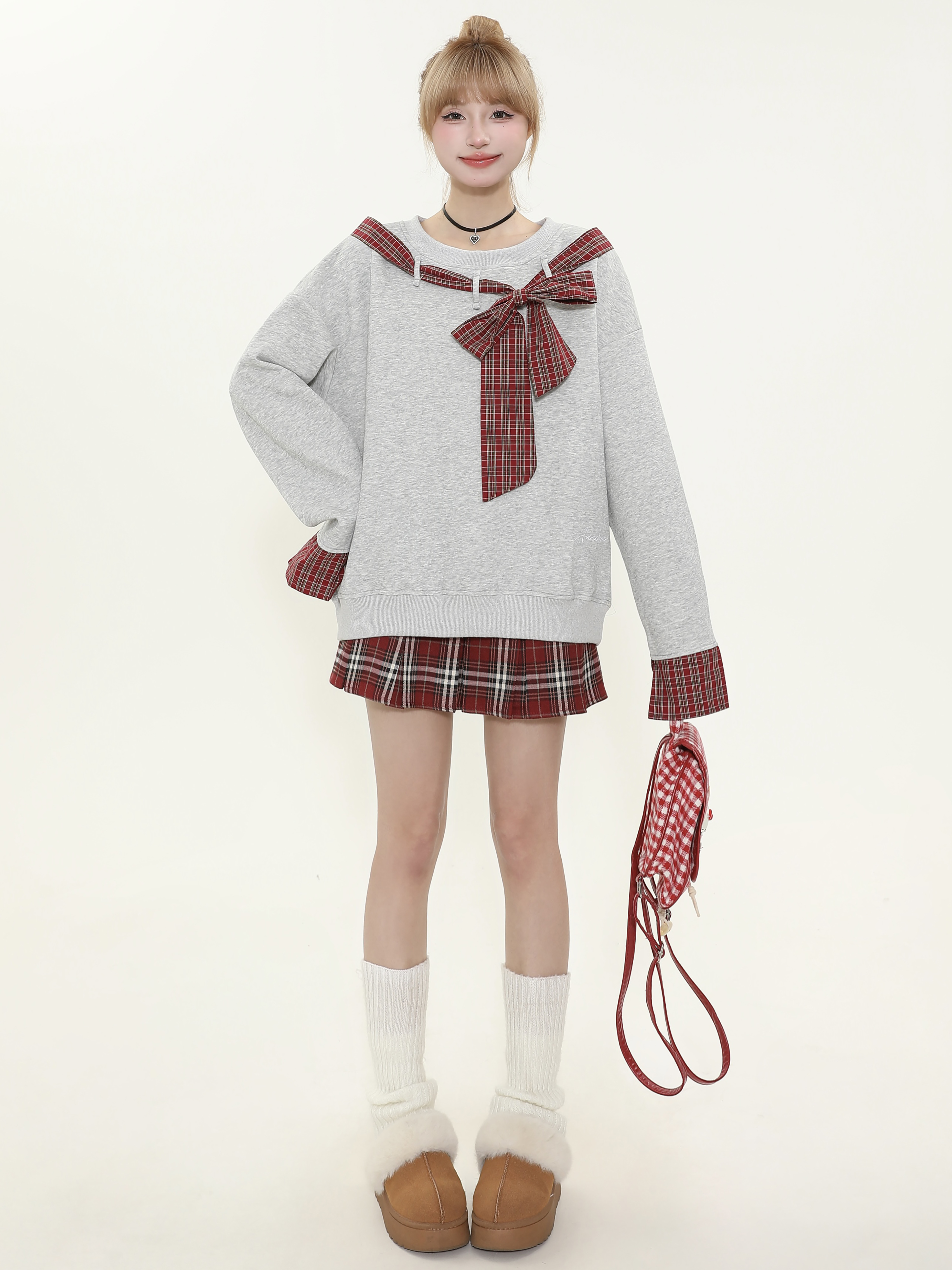 Asymmetrical Shoulder Tie Bow Sweatshirt - Spliced Plaid Casual Loose Slimming Top for Women - Y2K Fashion