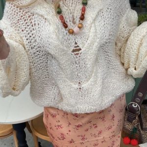 Autumn Casual Loose Fit Round Neck Semi-Transparent Long Sleeve Knitted Sweater Top for Women - Versatile Fall Fashion