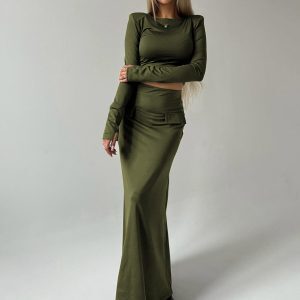 Autumn Fashion Set for Women - Round Neck Long Sleeve Top with Shoulder Pads & High Waist Bodycon Skirt, European & American Style