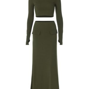 Autumn Fashion Set for Women - Round Neck Long Sleeve Top with Shoulder Pads & High Waist Bodycon Skirt, European & American Style