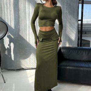 Autumn Fashion Set for Women - Round Neck Long Sleeve Top with Shoulder Pads & High Waist Bodycon Skirt, European & American Style
