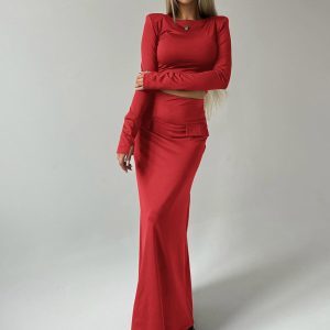Autumn Fashion Set for Women - Round Neck Long Sleeve Top with Shoulder Pads & High Waist Bodycon Skirt, European & American Style