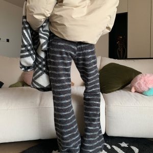 Autumn Winter 2024 Women's American Vintage Striped Casual Pants - Soft Comfortable Draped Straight Leg Long Trousers
