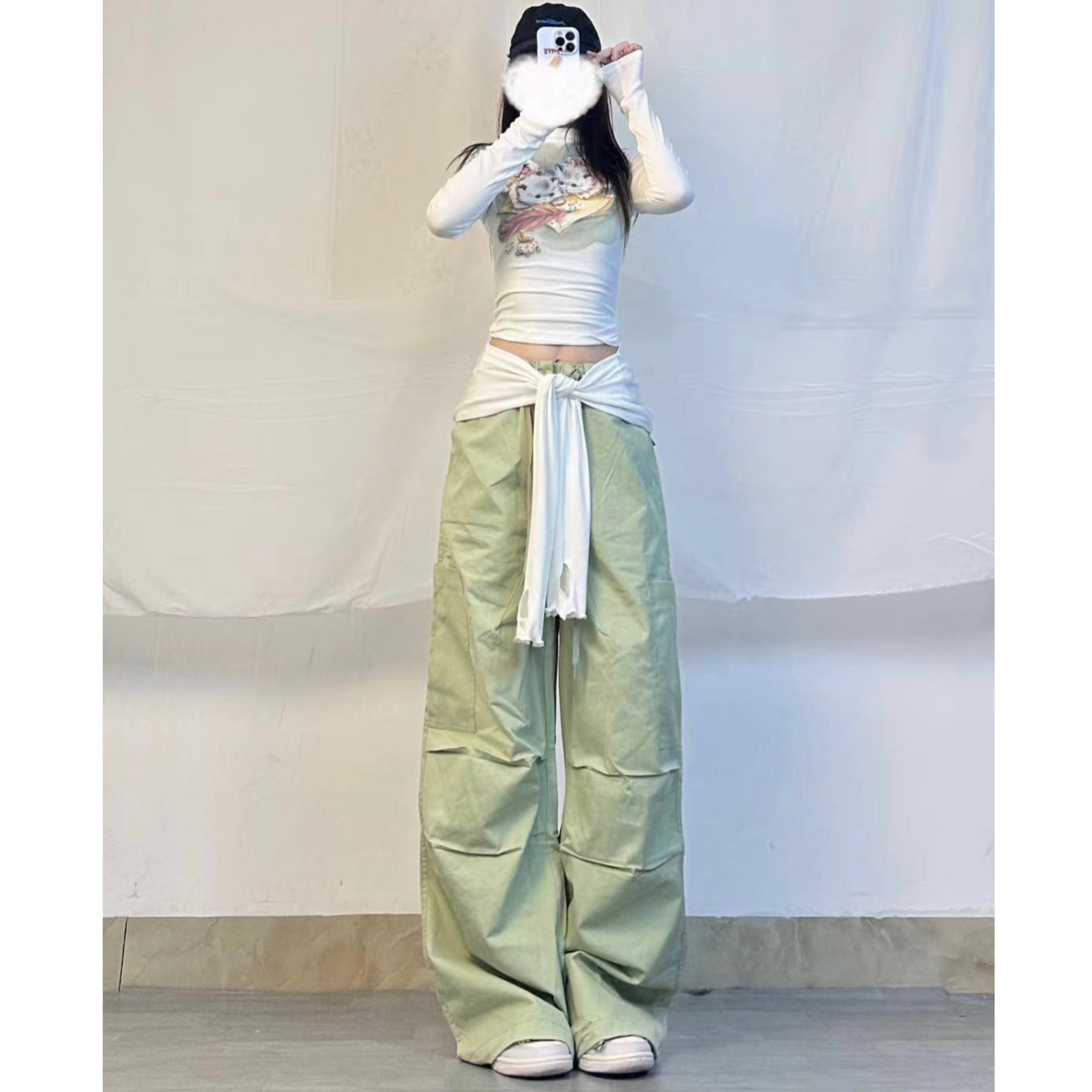 Autumn Winter Jazz Dance Outfit Set - Cat Print Tight Top & Green Quick-Dry Casual Pants for Dance and Fitness