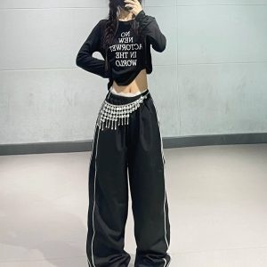 Autumn Winter Jazz Dance Short Top Women's Slim Fit Black Letter Stretch Long Sleeve T-Shirt in Ins Style Y2K Fashion