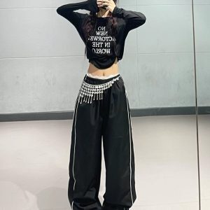 Autumn Winter Jazz Dance Short Top Women's Slim Fit Black Letter Stretch Long Sleeve T-Shirt in Ins Style Y2K Fashion