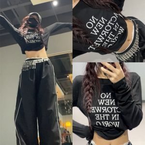Autumn Winter Jazz Dance Short Top Women's Slim Fit Black Letter Stretch Long Sleeve T-Shirt in Ins Style Y2K Fashion