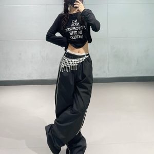 Autumn Winter Jazz Dance Short Top Women's Slim Fit Black Letter Stretch Long Sleeve T-Shirt in Ins Style Y2K Fashion