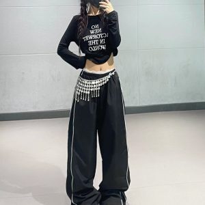 Autumn Winter Jazz Dance Short Top Women's Slim Fit Black Letter Stretch Long Sleeve T-Shirt in Ins Style Y2K Fashion