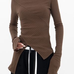 Autumn Winter Women’s Long Sleeve Split Knit T-Shirt - Irregular Slim Fit Layering Top, Casual Essential, Y2K Style