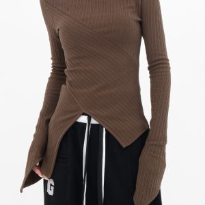 Autumn Winter Women’s Long Sleeve Split Knit T-Shirt - Irregular Slim Fit Layering Top, Casual Essential, Y2K Style