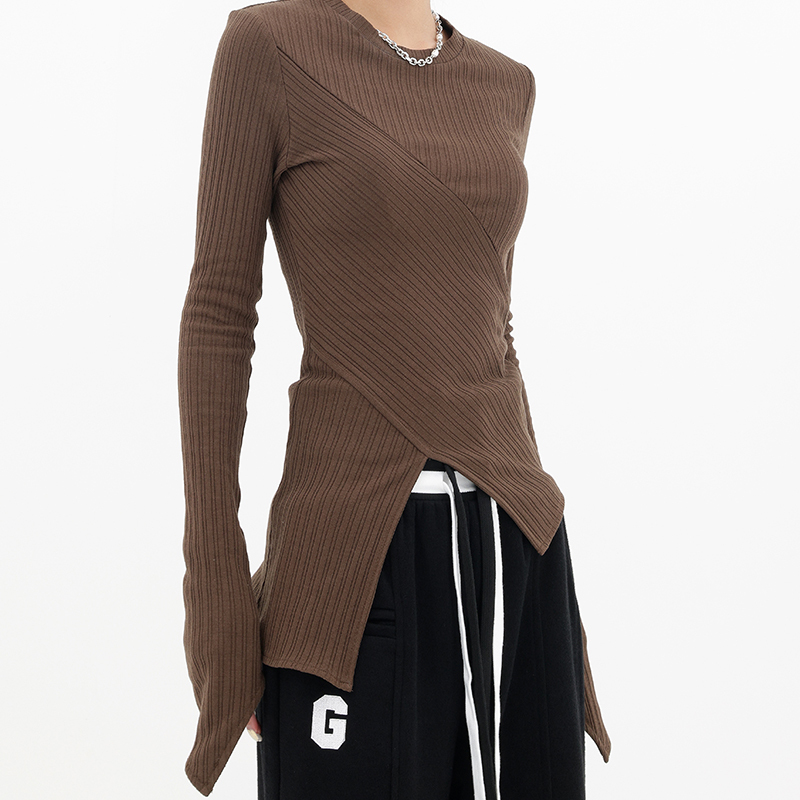 Autumn Winter Women’s Long Sleeve Split Knit T-Shirt - Irregular Slim Fit Layering Top, Casual Essential, Y2K Style
