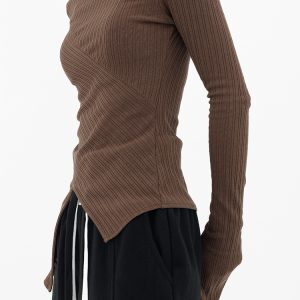 Autumn Winter Women’s Long Sleeve Split Knit T-Shirt - Irregular Slim Fit Layering Top, Casual Essential, Y2K Style