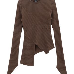 Autumn Winter Women’s Long Sleeve Split Knit T-Shirt - Irregular Slim Fit Layering Top, Casual Essential, Y2K Style