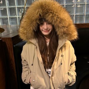 Autumn Winter Women's Vintage Hooded Cotton Jacket with Large Fur Collar, Thick Loose Short Coat, Casual Street Style Fashion