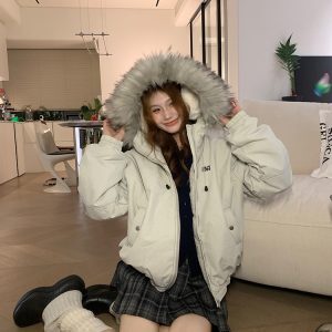 Autumn Winter Women's Vintage Hooded Cotton Jacket with Large Fur Collar, Thick Loose Short Coat, Casual Street Style Fashion