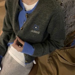 Autumn Women's Loose Knitted Cardigan Sweater with Letter Embroidery, Fake Two-Piece Design, Slimming Short Jacket for Casual Style