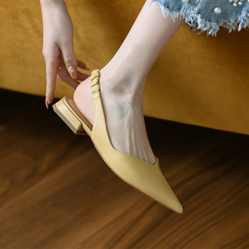 Backless Flat Sandals for Women - Genuine Leather One-Strap Design, Pointed Toe, Retro Style Summer Shoes
