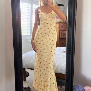 Backless Floral Spaghetti Strap Mermaid Dress - U-Neck, High-Waisted, Slim-Fit for Women - Spring/Summer European & American Style