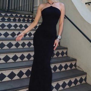 Backless Halter Dress with Metal Buckle - Sexy Stretchy Fitted Evening Gown in European and American Style