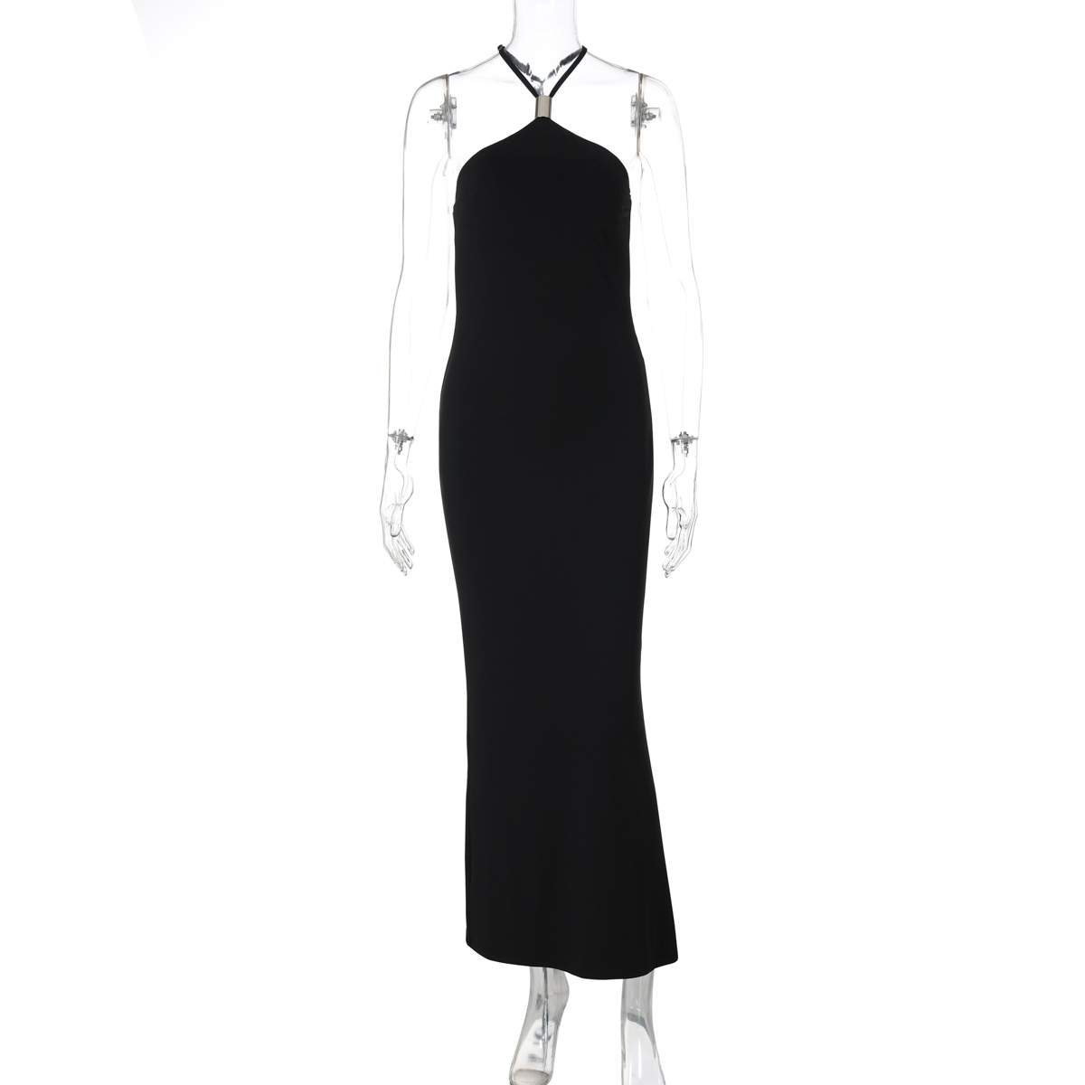 Backless Halter Dress with Metal Buckle - Sexy Stretchy Fitted Evening Gown in European and American Style