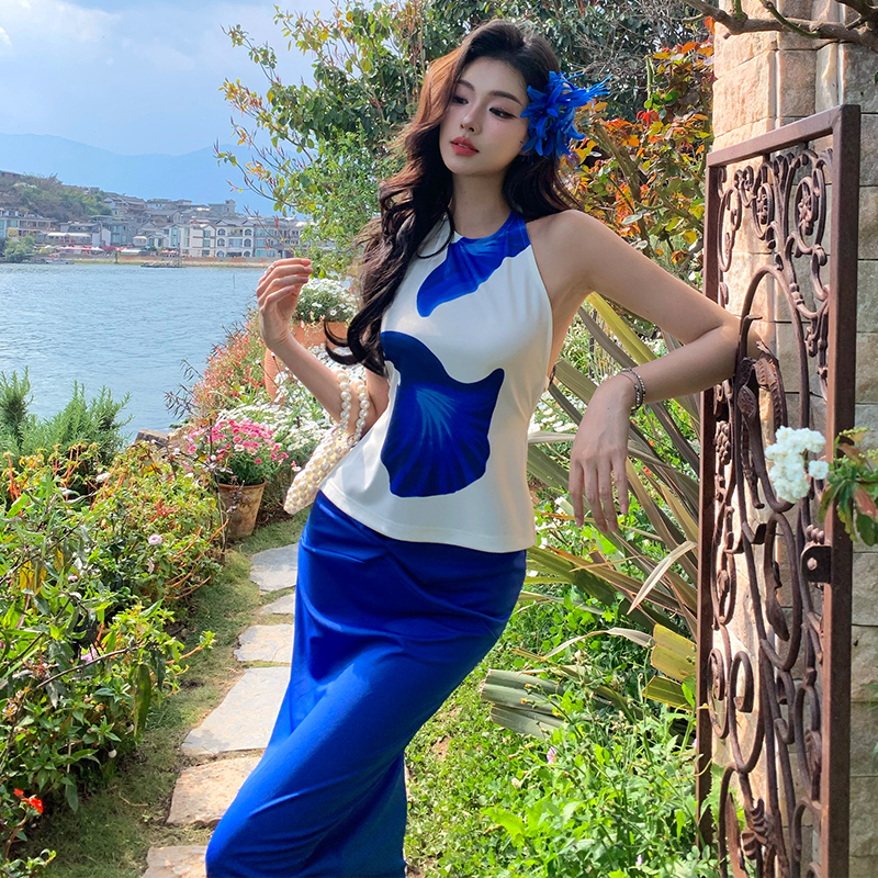 Backless Halter Printed Top and Pleated Bodycon Skirt Two-Piece Set for Women - Blue Vacation Outfit