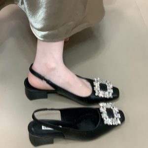 Backless High Heel Sandals with Square Buckle - Ocean One Water Drill Design, Elegant Square Toe for Summer 2025 Fashion
