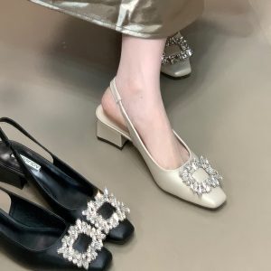 Backless High Heel Sandals with Square Buckle - Ocean One Water Drill Design, Elegant Square Toe for Summer 2025 Fashion