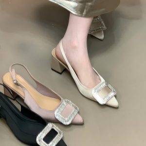 Backless High Heels Sandals for Women with Rhinestone Square Buckle - 2025 Summer Fashion Closed-Toe Style