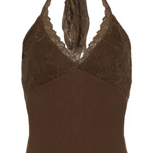 Backless Knitted Camisole Top - American Style Lace Splicing V-Neck Halter for Women - Slim Fit Spicy Girl Fashion