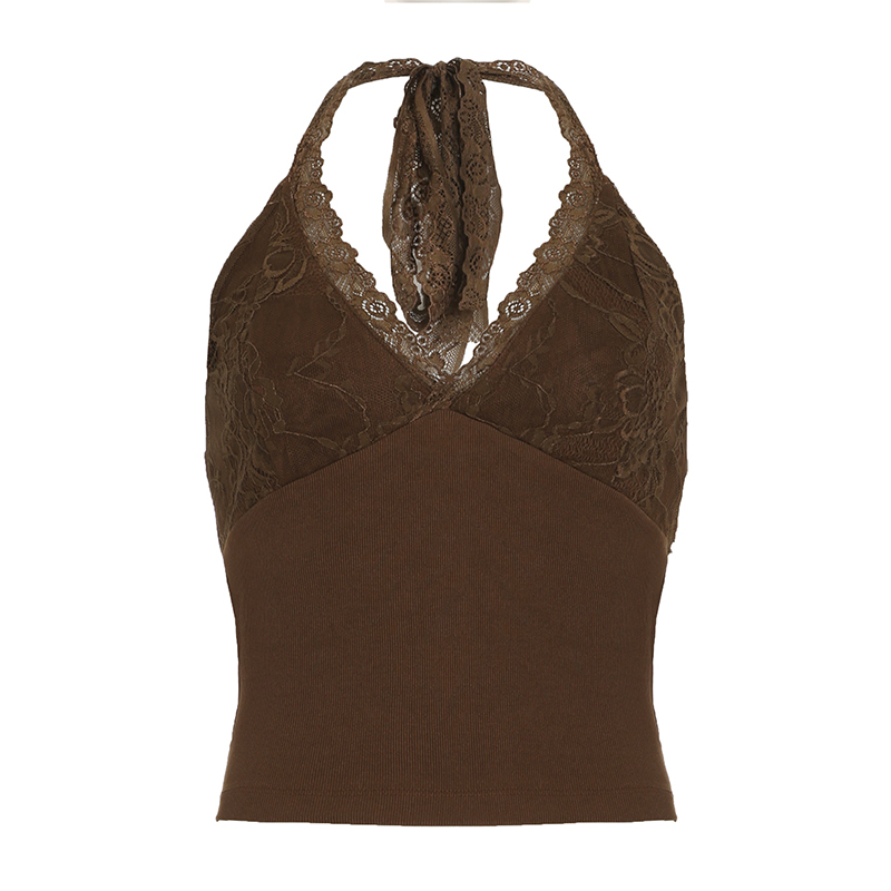 Backless Knitted Camisole Top - American Style Lace Splicing V-Neck Halter for Women - Slim Fit Spicy Girl Fashion