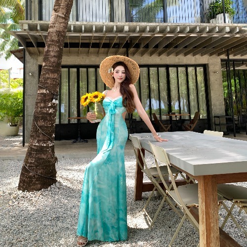 Backless Mermaid Long Dress - French-Style Green Mesh Camisole Dress with Printed Design for Beach Vacation Photos
