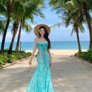 Backless Mermaid Long Dress - French-Style Green Mesh Camisole Dress with Printed Design for Beach Vacation Photos