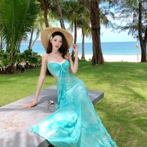 Backless Mermaid Long Dress - French-Style Green Mesh Camisole Dress with Printed Design for Beach Vacation Photos