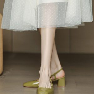 Backless Mustard Green Chunky Heel Sandals for Women - Retro Patent Leather Closed-Toe Shoes for Summer Skirts 2025