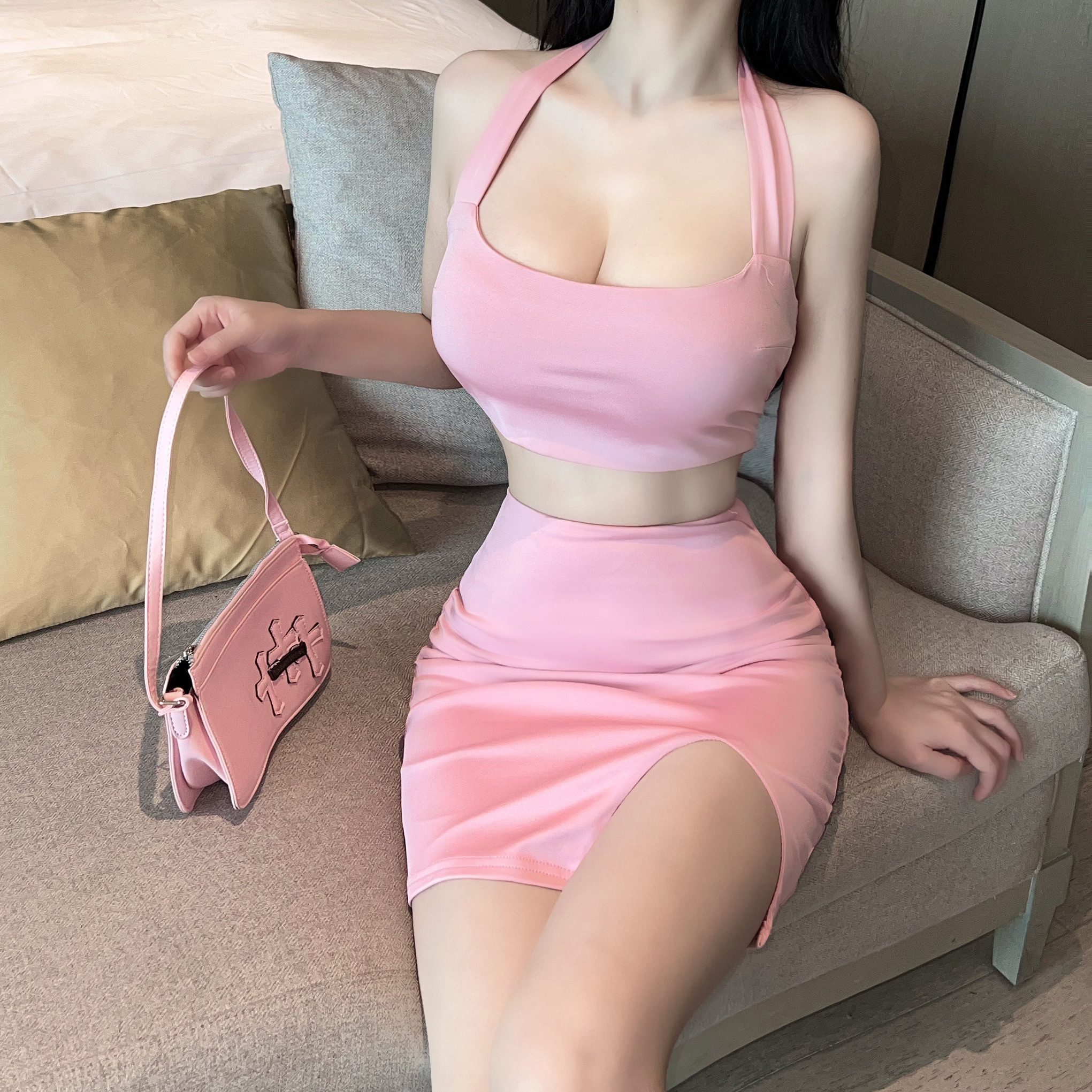 Backless Pink Bodycon Mini Skirt Set with Tight-Fitting Camisole - Sexy Summer Two-Piece Outfit for Hot Girls