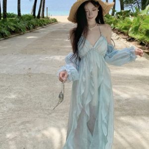 Backless Ruffled Camisole Dress for Women - Summer Beach Vacation Dress with Atmospheric Fairy Style